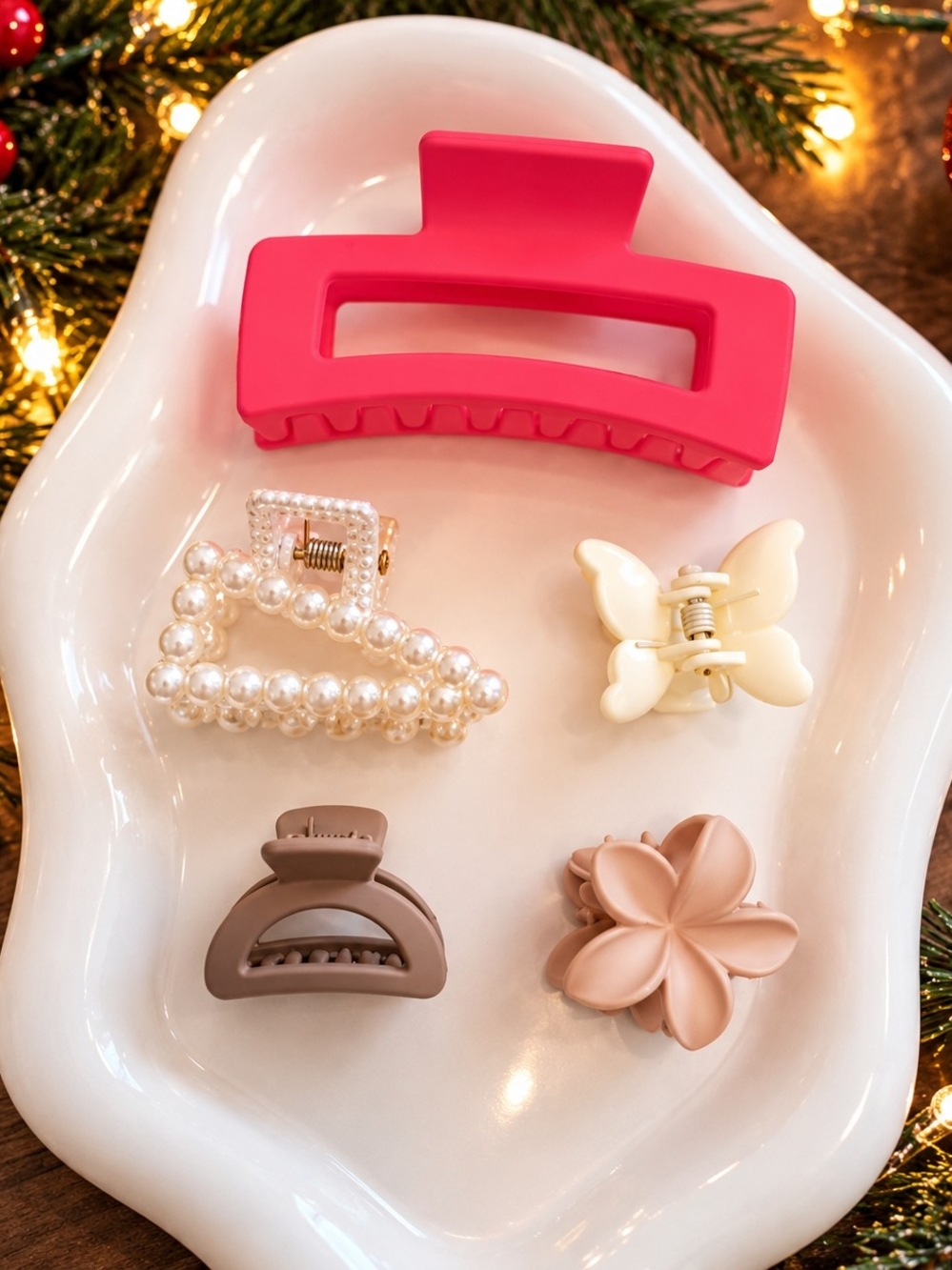 5-Piece Hair Claw Clip Set – Pink, Pearl & Neutral Flower Matte New
